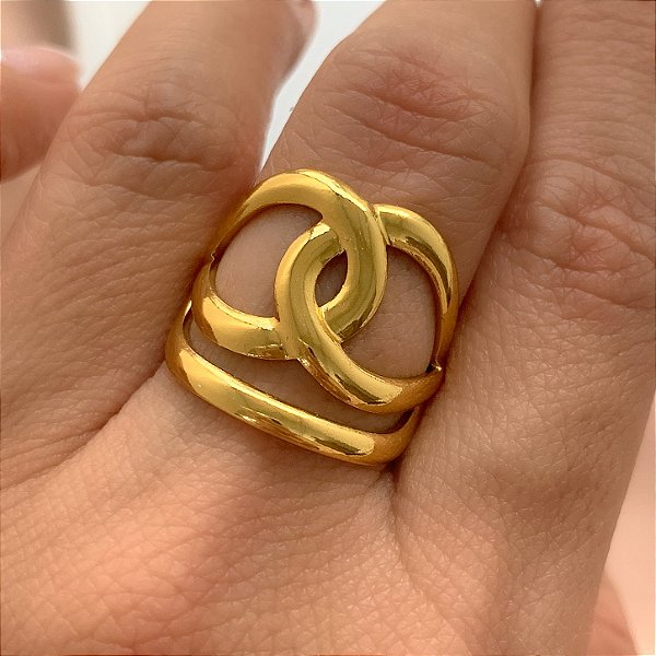 ANEL REGULÁVEL FIOS ENTRELAÇADOS DOURADO AÇO 316L⭐️