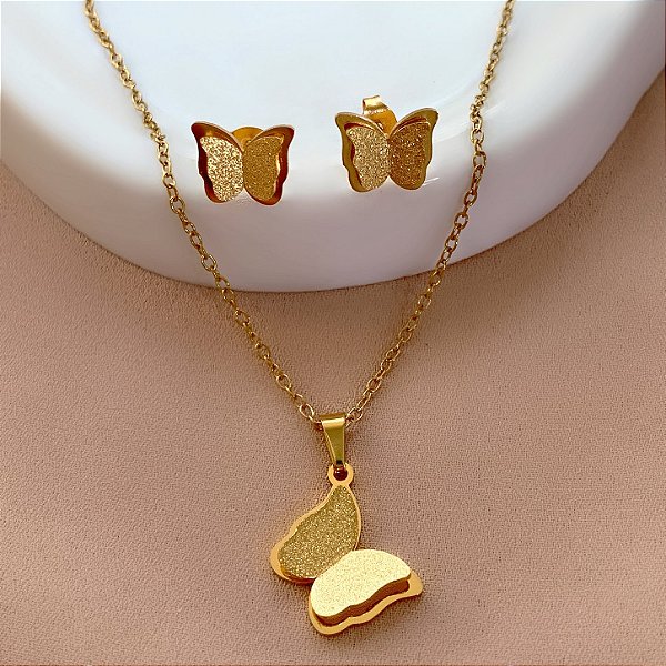 COLAR E BRINCO BORBOLETA DUPLO TEXTURIZADO DOURADO AÇO 316L⭐️