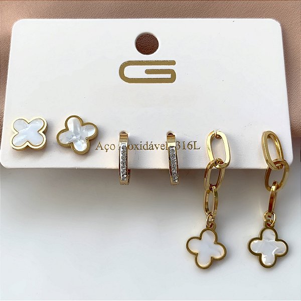 BRINCO KIT 3 PARES TREVINHOS MADREPÉROLA DOURADO AÇO 316L⭐️