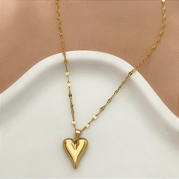 COLAR CORRENTE TRABALHADA PINGENTE CORAÇÃO DOURADO AÇO 316L⭐️