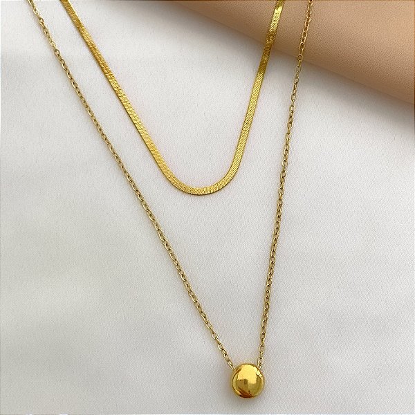 COLAR DUPLO FITA E BOLINHA DOURADO AÇO 316L⭐️