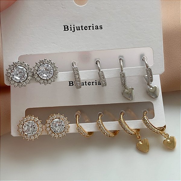 BRINCO KIT ARGOLINHAS ZIRCÔNIAS E CORAÇÃO BIJU