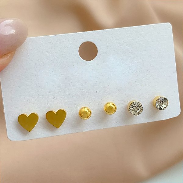 BRINCO KIT MINI CORAÇÃO BOLINHA E ZIRCÔNIA DOURADO BIJU