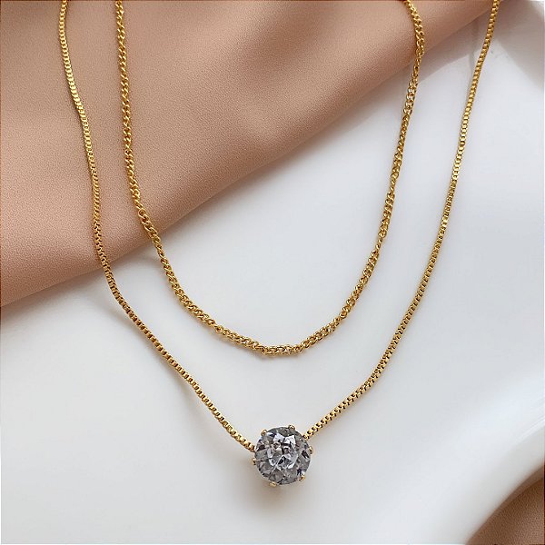 COLAR DUPLO CORRENTE E PINGENTE ZIRCÔNIA DOURADO AÇO 316L⭐️