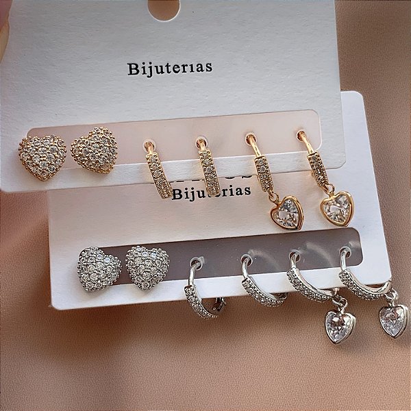 BRINCO KIT ARGOLINHAS ZIRCÔNIAS E CORAÇÃO MAJU BIJU