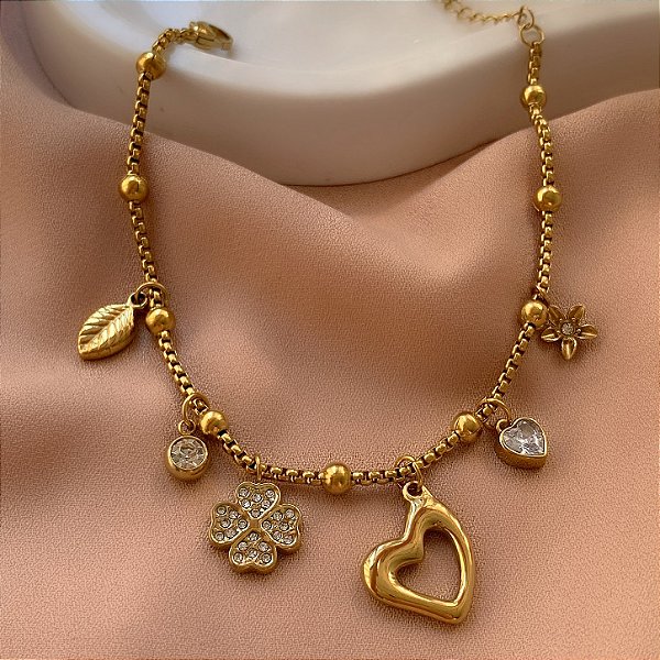 PULSEIRA CORRENTE PINGENTES VARIADOS CORAÇÃO VAZADO DOURADO AÇO 316L⭐️