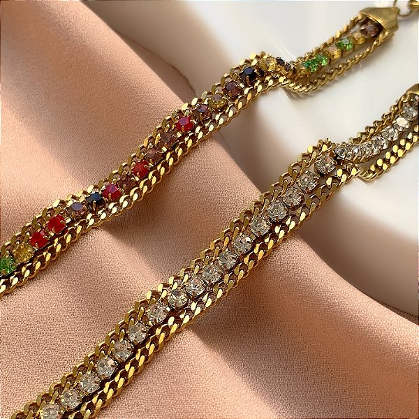 PULSEIRA TRIPLA CORRENTES E RIVIERAS DOURADO AÇO 316L⭐️