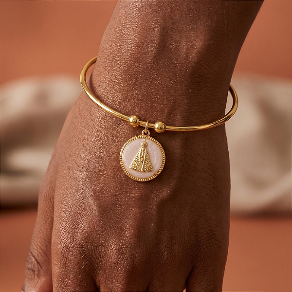 PULSEIRA/BRACELETE PINGENTE NOSSA SENHORA ESMALTADO DOURADO AÇO 316L⭐️