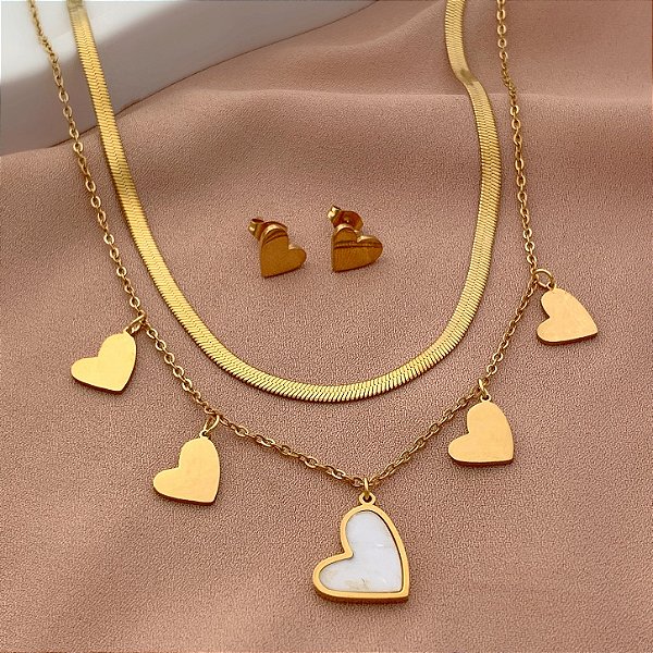 COLAR E BRINCO CORAÇÃO MADREPÉROLA DOURADO AÇO 316L⭐️