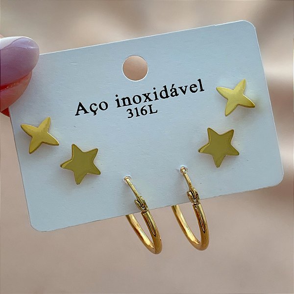BRINCO KIT 3 PARES ARGOLA E ESTELA DOURADO AÇO 316L⭐️