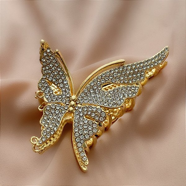 PRESILHA UNITÁRIA BORBOLETA STRASS DOURADO BIJU