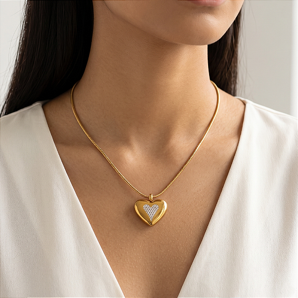 COLAR PINGENTE CORAÇÃO DUPLO COM ZIRCÔNIA DOURADO AÇO 316L⭐️