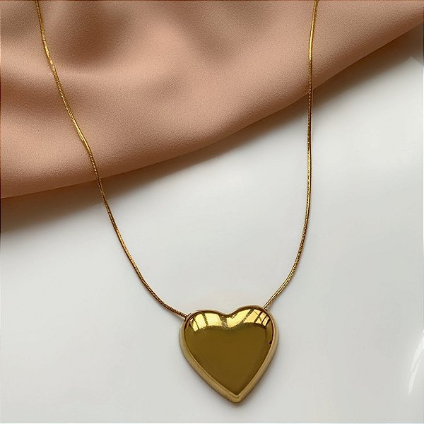 COLAR PINGENTE CORAÇÃO G LISO DOURADO AÇO 316L⭐️