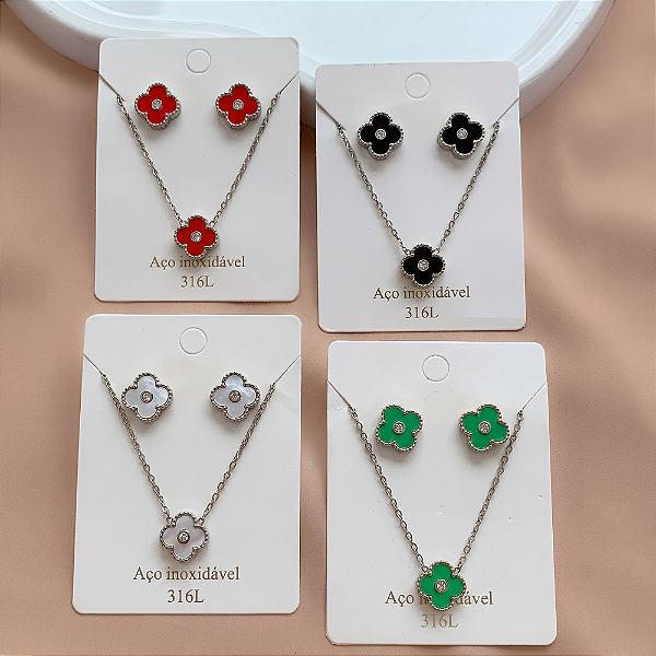COLAR E BRINCO KIT FLOR RESINADO COM ZIRCÔNIA AÇO 316L⭐️