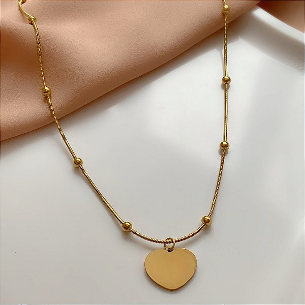 COLAR CORRENTE BOLINHA PINGENTE CORAÇÃO LISO ACHATADO DOURADO AÇO 316L⭐️