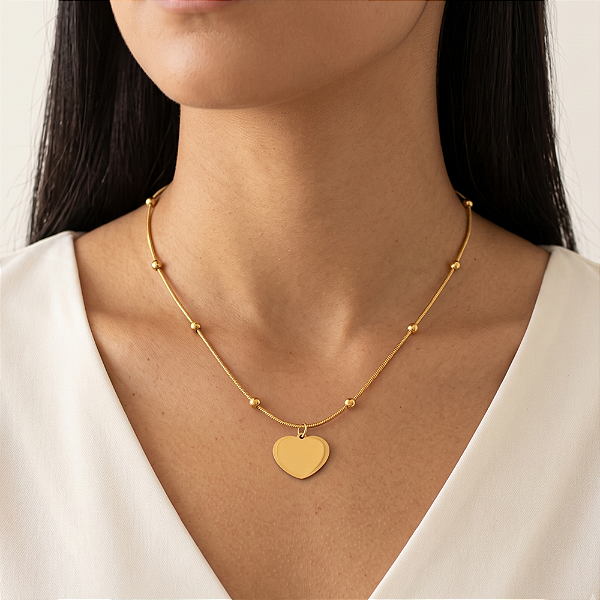 COLAR CORRENTE BOLINHA PINGENTE CORAÇÃO LISO ACHATADO DOURADO AÇO 316L⭐️