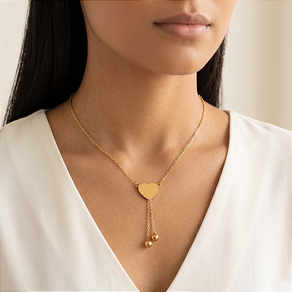 COLAR PINGENTE CORAÇÃO LISO FRANJA BOLINHA DOURADO AÇO 316L⭐️