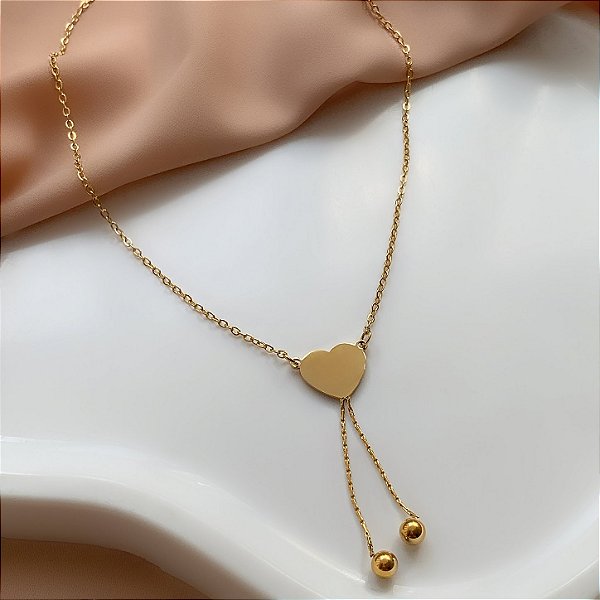 COLAR PINGENTE CORAÇÃO LISO FRANJA BOLINHA DOURADO AÇO 316L⭐️