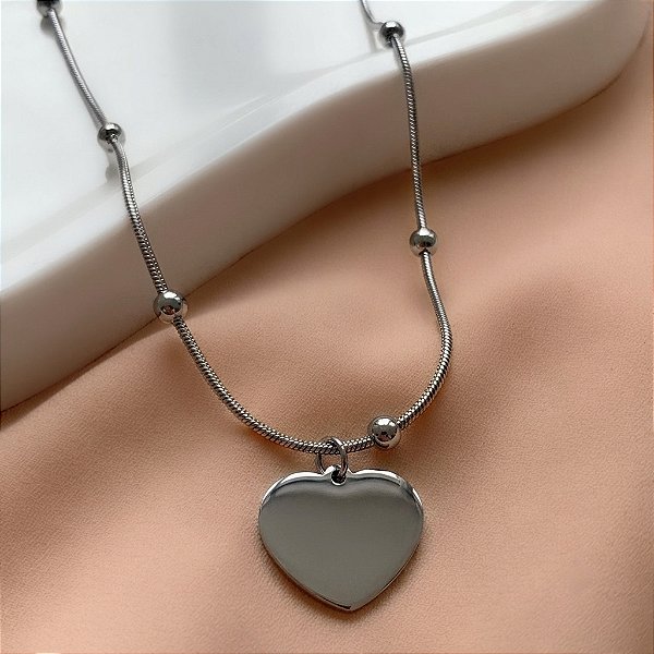 COLAR CORRENTE BOLINHA PINGENTE CORAÇÃO LISO ACHATADO AÇO 316L⭐️