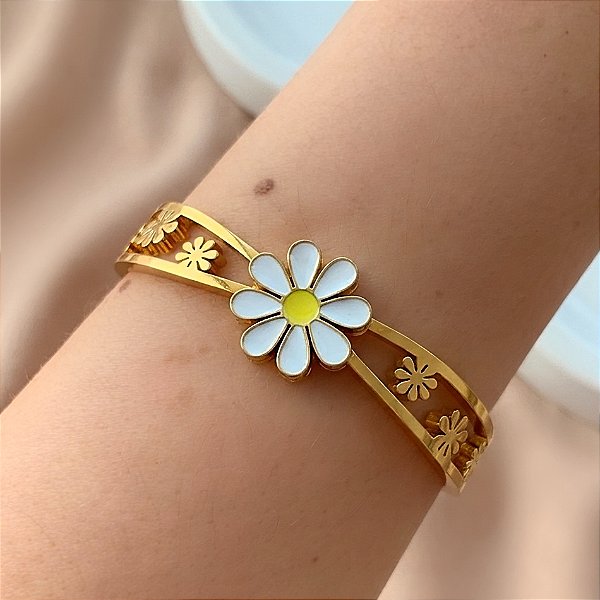 PULSEIRA/BRACELETE MARGARIDA ESMALTADA DOURADO AÇO 316L⭐️
