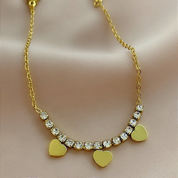 PULSEIRA DELICADA FIO ZIRCÔNIAS E CORAÇÕES DOURADO AÇO 316L⭐️