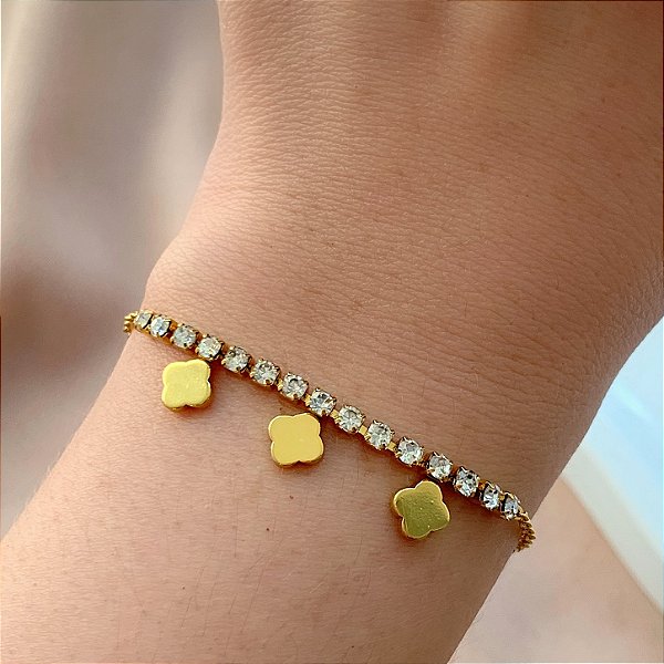 PULSEIRA DELICADA FIO ZIRCÔNIAS E TREVOS DOURADO AÇO 316L⭐️