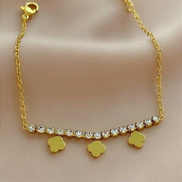 PULSEIRA DELICADA FIO ZIRCÔNIAS E TREVOS DOURADO AÇO 316L⭐️