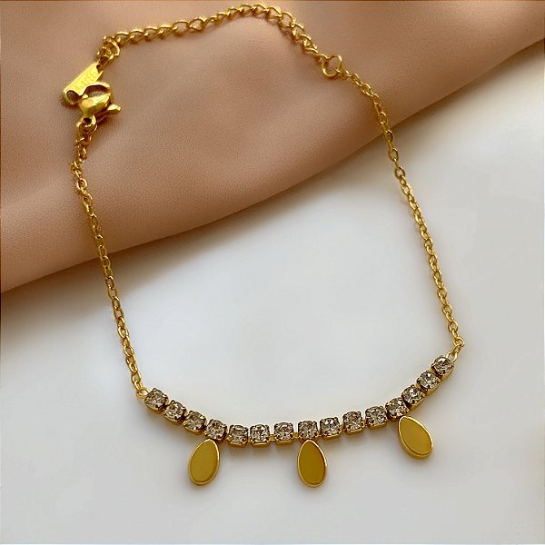 PULSEIRA DELICADA FIO ZIRCÔNIAS E GOTINHAS DOURADO AÇO 316L⭐️