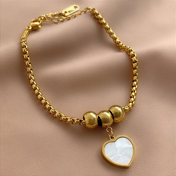 PULSEIRA VENEZIANA GROSSA PINGENTE CORAÇÃO MADREPÉROLA DOURADO AÇO 316L⭐️