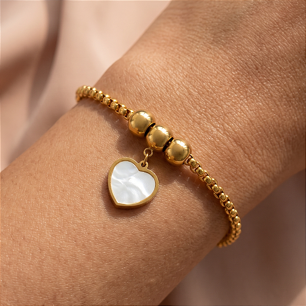 PULSEIRA VENEZIANA GROSSA PINGENTE CORAÇÃO MADREPÉROLA DOURADO AÇO 316L⭐️