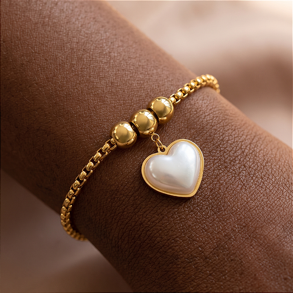 PULSEIRA VENEZIANA GROSSA PINGENTE CORAÇÃO PÉROLA DOURADO AÇO 316L⭐️