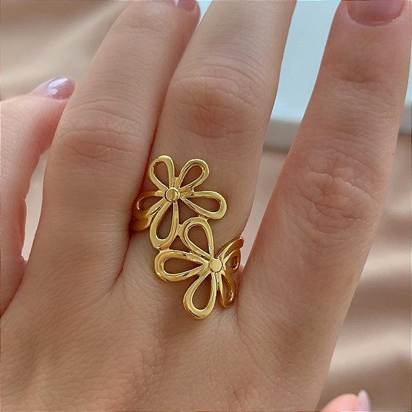 ANEL REGULÁVEL DUAS FLORES DOURADO AÇO 316L⭐️