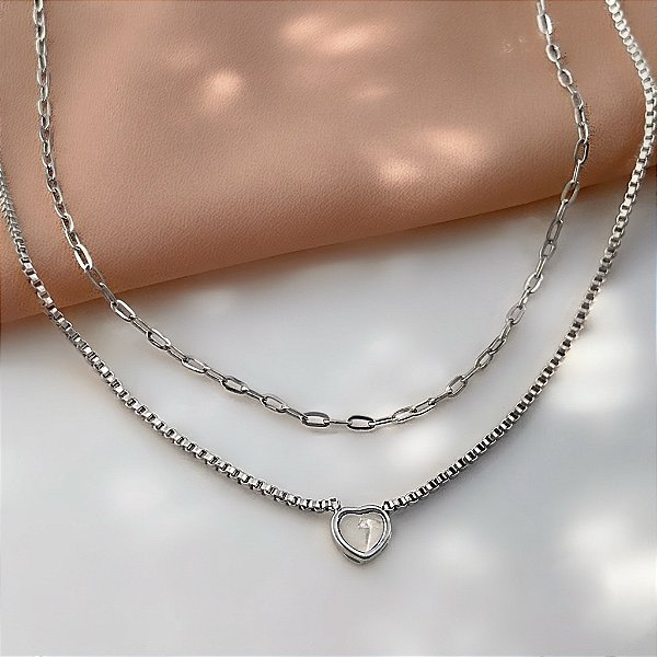COLAR DELICADO DUPLO MINI CORAÇÃO MADREPÉROLA AÇO 316L⭐️