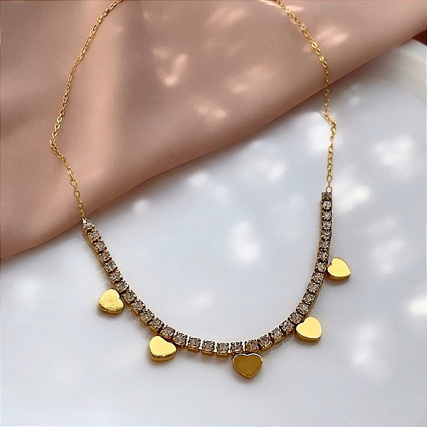 COLAR FIO DE ZIRCÔNIA DE MINI CORAÇÕES DOURADO AÇO 316L⭐️