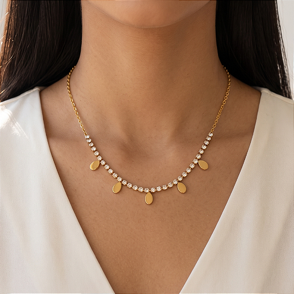 COLAR FIO DE ZIRCÔNIA DE MINI GOTINHAS DOURADO AÇO 316L⭐️