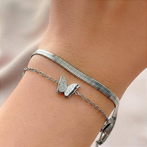 PULSEIRA DUPLA CORRENTE FITA E BORBOLETAS AÇO 316L⭐️