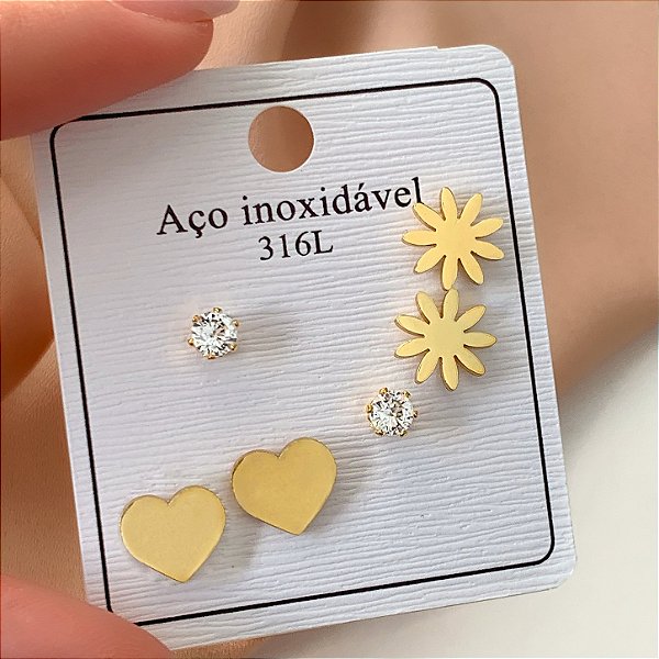 BRINCO KIT FLOR, CORAÇÃO E PONTO DE LUZ ZIRCÔNIA DOURADO AÇO 316L⭐️