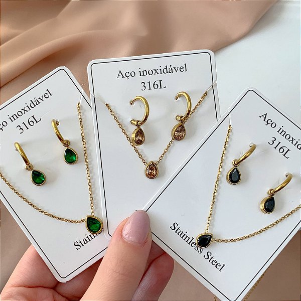 CONJUNTO COLAR E BRINCO GOTAS PEDRAS OURO VELHO AÇO 316L⭐️(GRUPO 2)