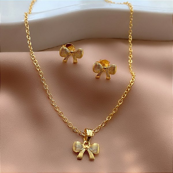 COLAR E BRINCO KIT INFANTIL LACINHO FOLHEADO A OURO 18K⭐