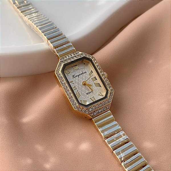 RELÓGIO FEMININO METAL VINTAGE QUADRADO COM ZIRCÔNIAS