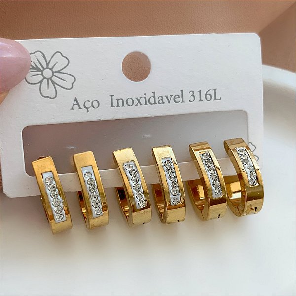 BRINCO KIT ARGOLAS FIO ACHATADO OVAL ZIRCÔNIAS DOURADO AÇO 316L⭐️