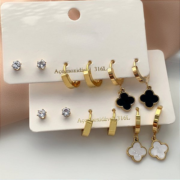 BRINCO KIT ARGOLINHA, PONTO DE LUZ E TREVO ESMALTADO DOURADO AÇO 316L⭐️