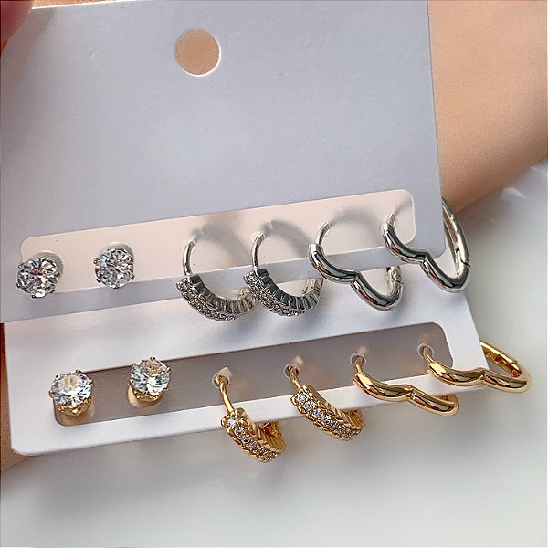 BRINCO KIT PONTO DE LUZ, ARGOLA CORAÇÃO E CRAVEJADA ZIRCÔNIAS BIJU