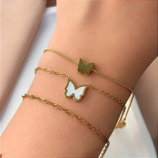 KIT 3 PULSEIRAS PINGENTE BORBOLETA MADREPÉROLA DOURADO AÇO 316L⭐️