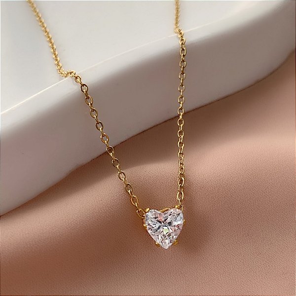 COLAR CORAÇÃO EM ZIRCÔNIA DOURADO AÇO 316L⭐️