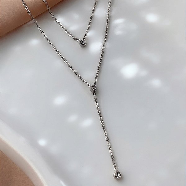 COLAR GRAVATINHA DUPLO BOLINHAS ZIRCÔNIAS AÇO 316L⭐️