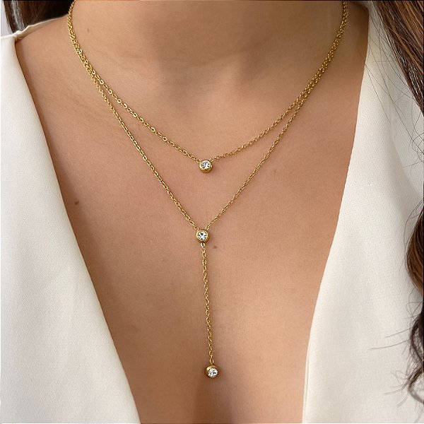 COLAR GRAVATINHA DUPLO BOLINHAS ZIRCÔNIAS DOURADO AÇO 316L⭐️