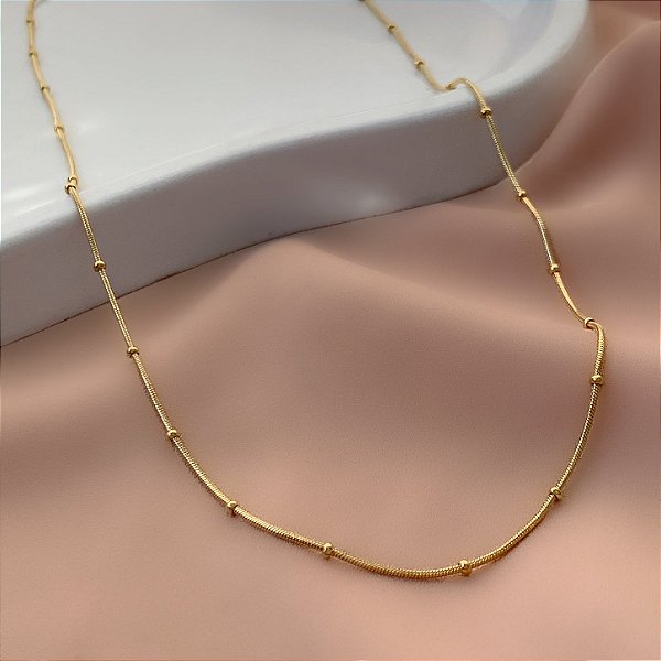 COLAR LONGO CORRENTE RABO DE RATO FINA COM MINI BOLINHAS DOURADO AÇO 316L⭐️