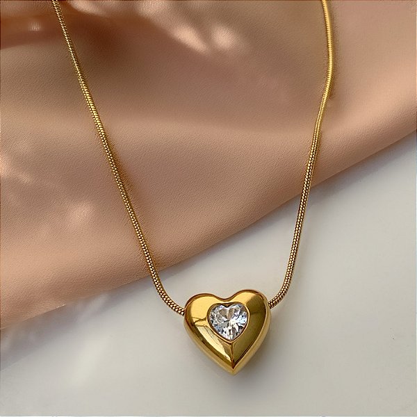 COLAR PINGENTE CORAÇÃO BOLEADO COM PEDRA DE ZIRCÔNIA DOURADO AÇO 316L⭐️
