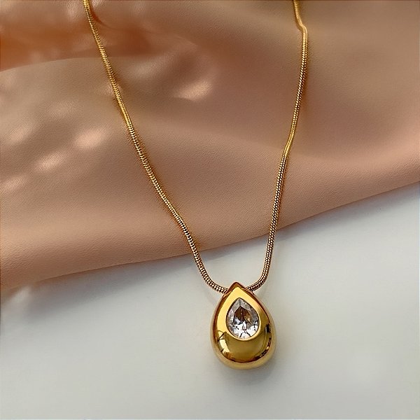 COLAR PINGENTE GOTA COM PEDRA DE ZIRCÔNIA DOURADO AÇO 316L⭐️